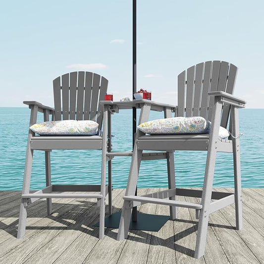 Sundale Outdoor Tall Adirondack Chairs Set of 2 with Table, Patio HDPE Bar Set, 3 PCS Counter Height Dining Bistro Set, Pub Table with Stools, 2 Umbrella Hole Caps, Medium Gray