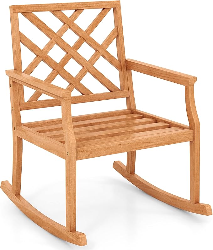 Tangkula Teak Wood Rocking Chair, Oversized Porch Rocker with Backrest and Slatted Seat, Outdoor Rocker Chair for Patio, Backyard and Lawn, 330 LBS Weight Capacity (1, 32 x 28 x 35 Inch)