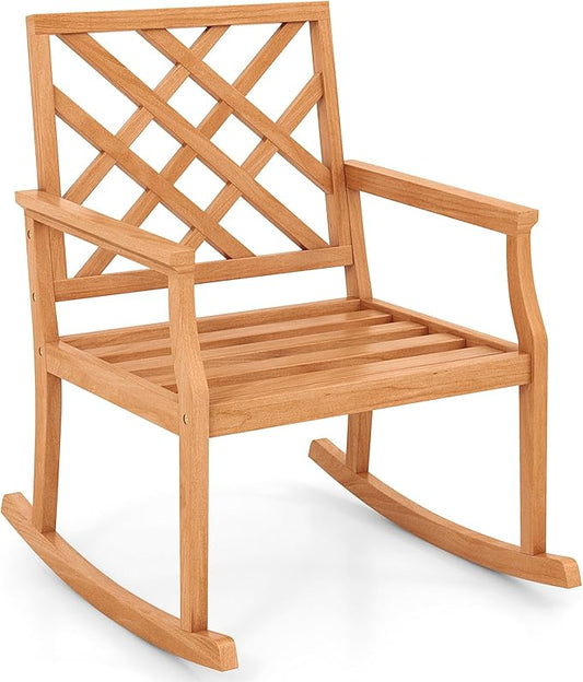 Tangkula Teak Wood Rocking Chair, Oversized Porch Rocker with Backrest and Slatted Seat, Outdoor Rocker Chair for Patio, Backyard and Lawn, 330 LBS Weight Capacity (1, 32 x 28 x 35 Inch)