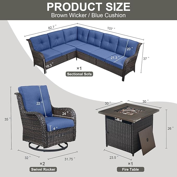 Belord Patio Furniture Set with Fire Pit Table, Outdoor Swivel Rocker Patio Chairs, Oversized Outdoor Sectional Couch, Two 3-Seater Sofas with Coffee Table, Ideal for Porch, Deck, Brown Wicker/Blue