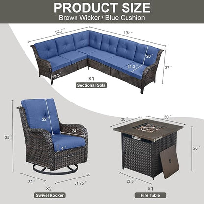 Belord Patio Furniture Set with Fire Pit Table, Outdoor Swivel Rocker Patio Chairs, Oversized Outdoor Sectional Couch, Two 3-Seater Sofas with Coffee Table, Ideal for Porch, Deck, Brown Wicker/Blue