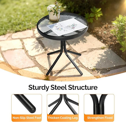 VINGLI Outdoor Side Table, 18" Patio Table Steel Frame Tempered Glass Top, Weatherproof Small Tables for Balcony Garden Poolside (Black, Round)