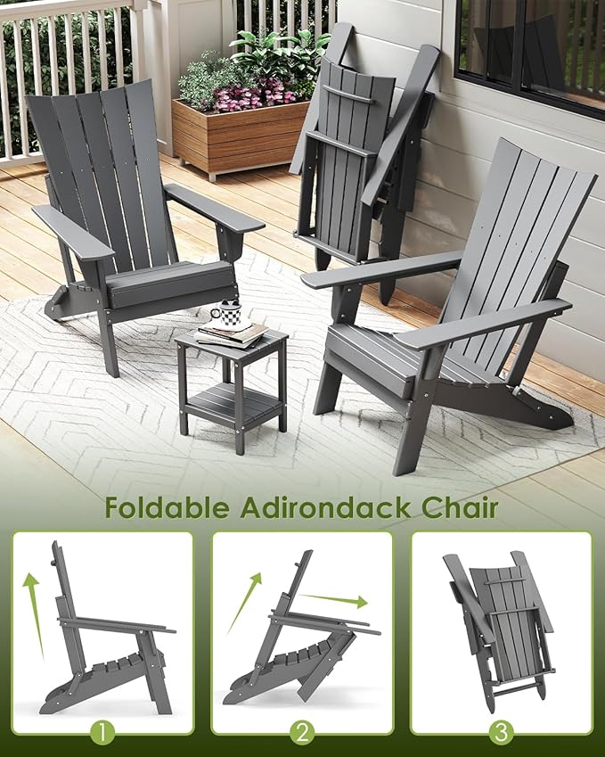 GREENVINES Folding-Adirondack-Chairs-Set-of-4 | HDPE Plastic | Arch Series | Fire Pit Chair | All Weather | for Outdoor Patio Deck Backyard Poolside | Grey