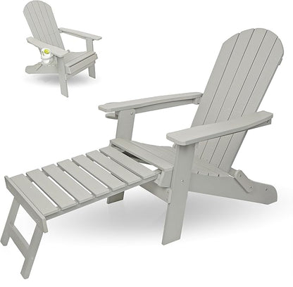 Alpine Corporation 38" H Outdoor Adirondack Folding Chair with Cup Holder and Ottoman, Classic Ergonomic Design, Patio Furniture and Accessories, Light Gray