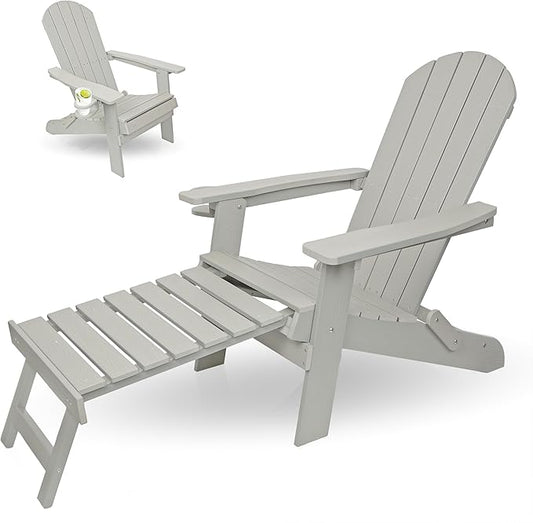 Alpine Corporation 38" H Outdoor Adirondack Folding Chair with Cup Holder and Ottoman, Classic Ergonomic Design, Patio Furniture and Accessories, Light Gray