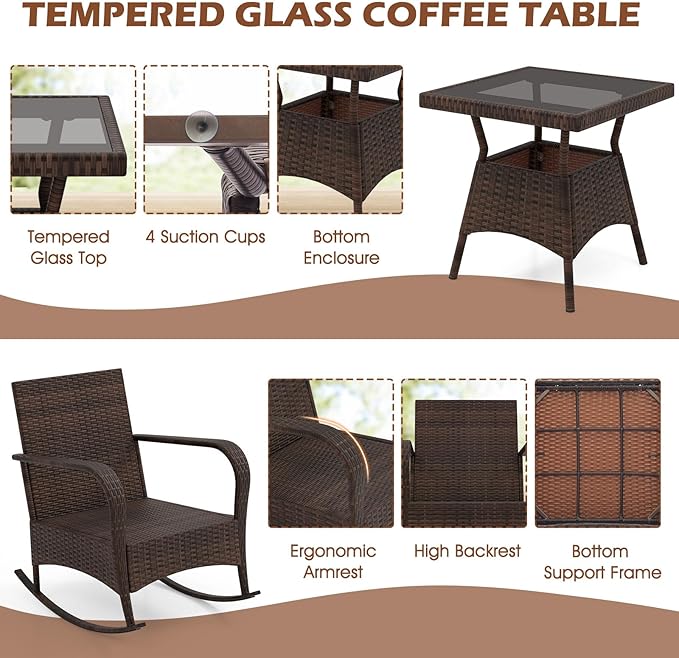 ORALNER 3 Pieces Patio Furniture Set, Outdoor Wicker Rocking Chairs with Cushions, Pillows, Glass Coffee Table - Photo 7