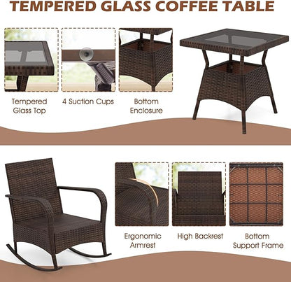 ORALNER 3 Pieces Patio Furniture Set, Outdoor Wicker Rocking Chairs with Cushions, Pillows, Glass Coffee Table, Rattan Bistro Rocker Set for Balcony Front Porch Poolside Garden Deck Yard (Beige)