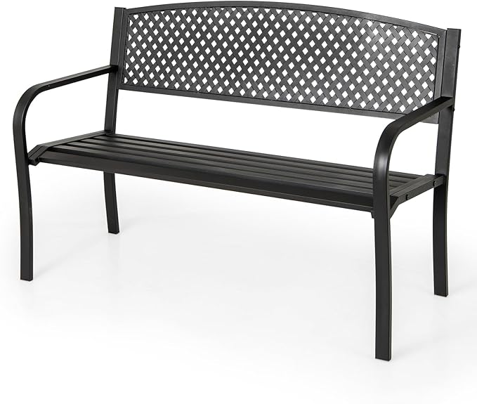 Giantex Metal Outdoor Bench with Mesh Pattern Backrest, Curved Armrests, Load 660Lbs, Slatted Seat for 2-3 Persons, Heavy-Duty Garden Bench for Patio, Backyard, Poolside, Porch, Park (50"×24"×33.5")