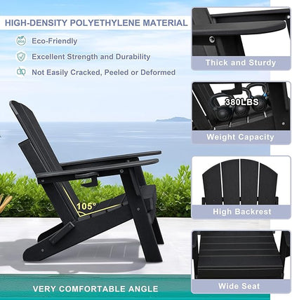 Skypatio 3 Pieces Folding Adirondack Chairs Set, Weather Resistant Adirondack Chairs Set of 2 with Cup Holder, 1 Side Table, 380 lbs Weight Capacity Portable Patio Fire Pit Chairs (Black)