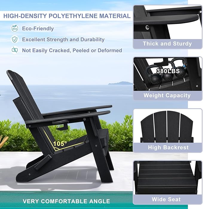 Skypatio Folding Adirondack Chair with Cup Holder, Weather Resistant Portable Patio Fire Pit Chairs, 380 lb Weight Capacity Adirondack Chairs for Porch, Beach, Poolside, Deck, Lawn (Black, Set of 1)
