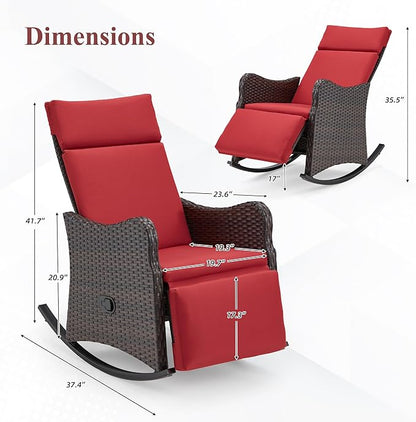 HOMREST Outdoor Recliner for Patio, Wicker Rocking Chair with Extended Footrest & Removable Cushion, Porch Balcony Lounges for Garden, Burgundy