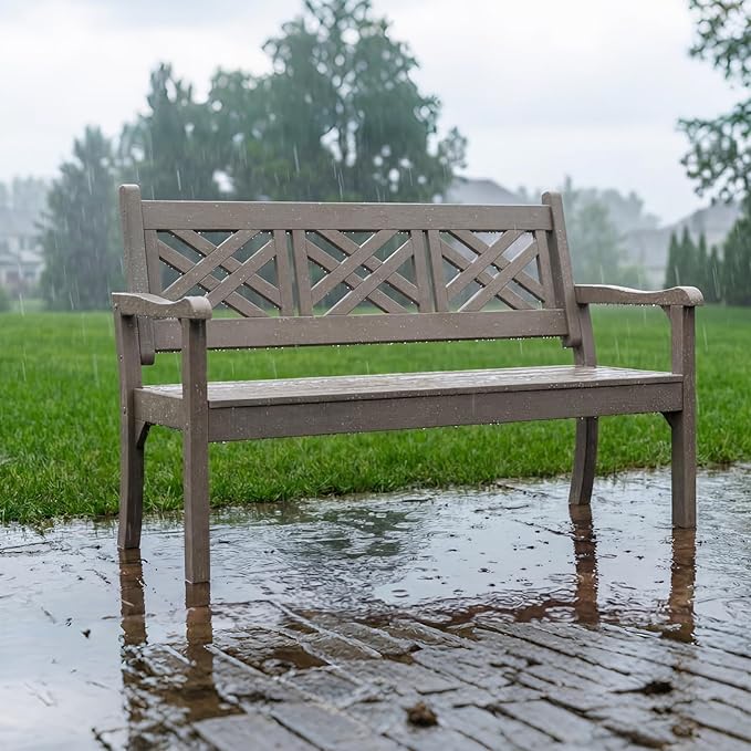 Psilvam 54''W All-Weather Poly Lumber Outdoor Bench, 3-Person Garden Bench with Decorative Backrest & Curved Armrests, Anti-Rot & Fade-Free Patio Bench for Porch, Backyard, and Park(Grey)