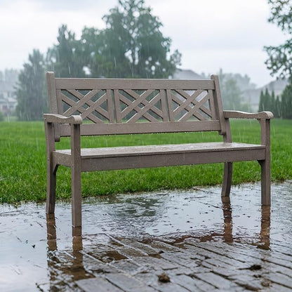 Psilvam 54''W All-Weather Poly Lumber Outdoor Bench, 3-Person Garden Bench with Decorative Backrest & Curved Armrests, Anti-Rot & Fade-Free Patio Bench for Porch, Backyard, and Park(Grey)