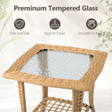 Outdoor Wood Coffee Table, Wicker Side Table, Rattan End Table with Glass Top - Photo 6