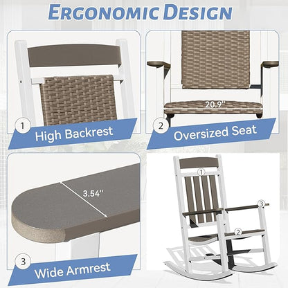 Outdoor Wicker Rocking Chairs Set of 3, 2 Chairs Made of Metal & Rattan + 1 All Metal Table, Oversized Patio Rocker with High Back for Adults, All-Weather Outside Furniture, White & Brown
