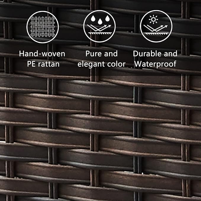 HUMMUH Outdoor Coffee Table Patio Rattan Patio Side Table Built-in Black Glass Top PE Wicker Rectangle Sofa Table Dark Brown