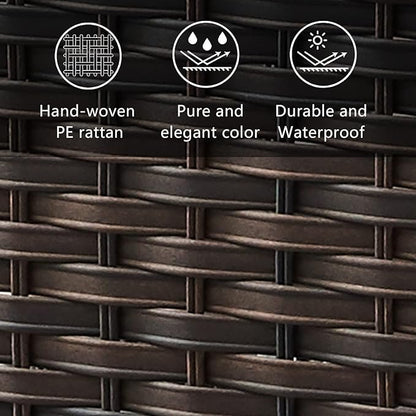 HUMMUH Outdoor Coffee Table Patio Rattan Patio Side Table Built-in Black Glass Top PE Wicker Rectangle Sofa Table Dark Brown