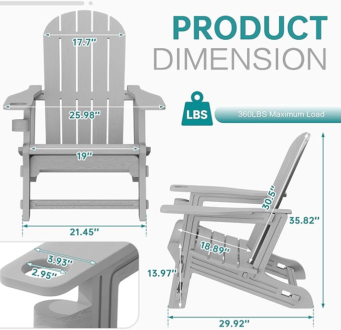 Shintenchi Adirondack Chairs Set of 2,HDPE Adirondack Chairs w/Removable Tablelop & Umbrella Hole,All-Weather Wooden Textured Plastic Outdoor Chairs w/Cup Holders for Garden Backyard Pool,Light Gray