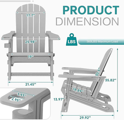 Shintenchi Adirondack Chairs Set of 2,HDPE Adirondack Chairs w/Removable Tablelop & Umbrella Hole,All-Weather Wooden Textured Plastic Outdoor Chairs w/Cup Holders for Garden Backyard Pool,Light Gray