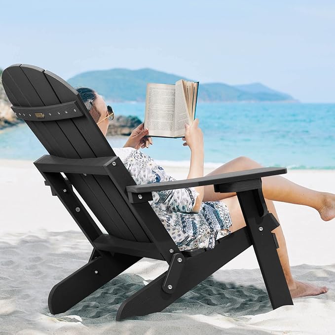 Folding Adirondack Chairs Set of 4, All Weather Resistant Plastic Chairs with Cup Holder, Fold or Unfold Easily in 1 Second, Outdoor Chairs for Patio, Garden, Backyard Deck, Lawn Fire Pit(Black)