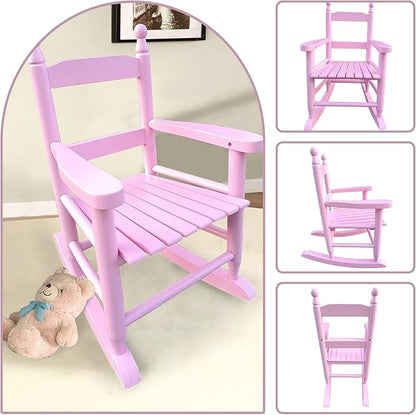 Toddler Rocking Chair for Kids Age 2-5, Hardwood Porch Rocker with Back Support & Armrest for Small Spaces Living Room Outdoor Garden, Easy Assembly (Light Pink)