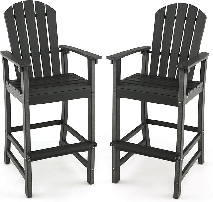 Giantex Outdoor HDPE Bar Stool, Tall Adirondack Chair with Armrests and Footrest, 30 Inches Counter Height Bar Stool for Garden, Backyard, Weather Resistance, Easy Maintenance (2, Black)