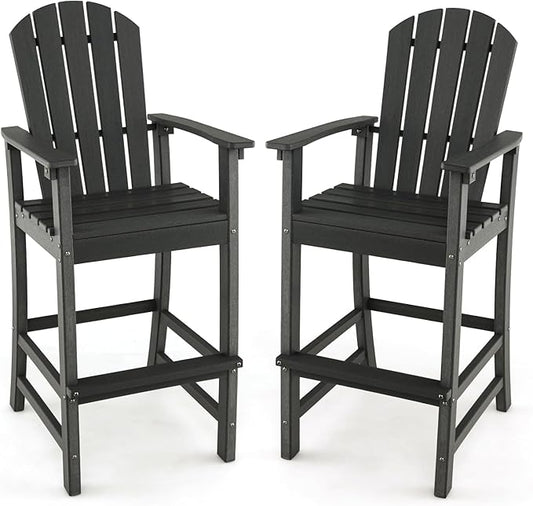 Giantex Outdoor HDPE Bar Stool, Tall Adirondack Chair with Armrests and Footrest, 30 Inches Counter Height Bar Stool for Garden, Backyard, Weather Resistance, Easy Maintenance (2, Black)