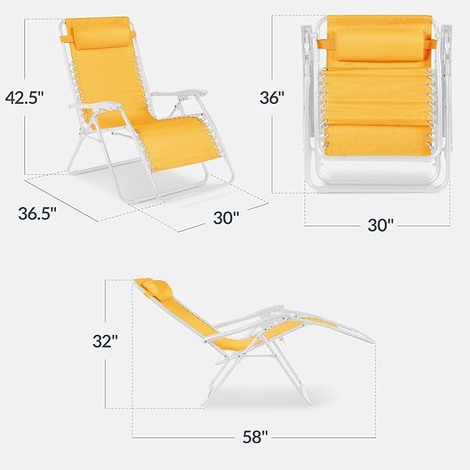 Best Choice Products Set of 2 Extra Wide Adjustable Steel Mesh Zero Gravity Lounge Chair Recliners w/Pillows and Cup Holder Trays - Marigold/White