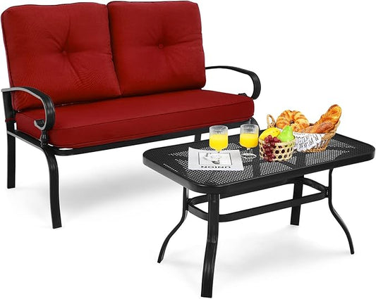 Giantex Patio Loveseat with Coffee Table Outdoor Bench with Cushion and Metal Frame, Loveseat Porch Furniture Set Sofa for Garden, Yard, Patio or Poolside (Deep Red & Black)