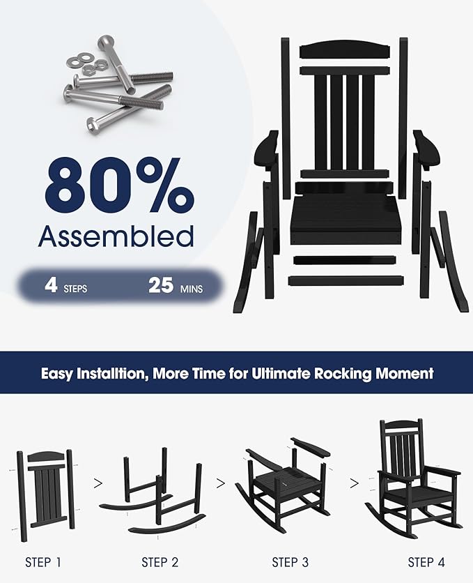 KINGYES Oversized Outdoor Rocking Chair with Cushion, All-Weather Patio Rocking Chairs, HDPE Porch Rocker for Adults, 350 lbs Capacity, Black Chair with Flower Cushion