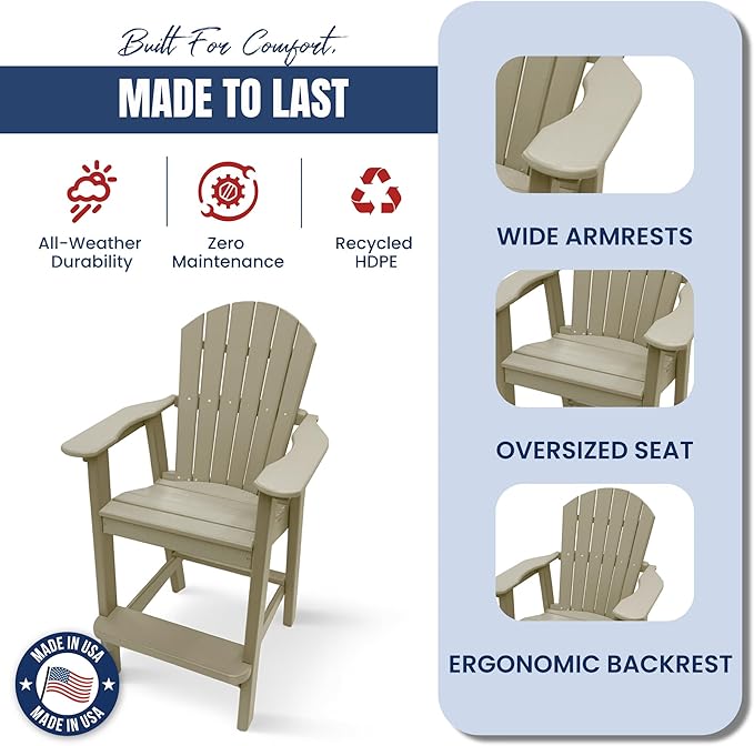 Phat Tommy Tall Adirondack Chair - HDPE Outdoor Furniture - Poly Adirondack Bar Stool - Heavy, Stress Free Furniture for Balcony, Deck, Patio, Front Porch, Weatherwood