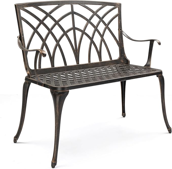 VINGLI 38" Outdoor Metal Bench, Cast Aluminium Garden Bench, Weatherproof Antique Finish Orchid Chair - Photo 1