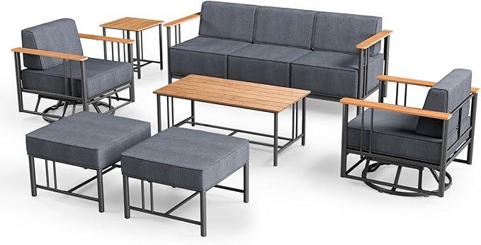Patio Furniture Set of 7,with 6-inch Thick Cushion Outdoor Furniture Set,Patio Chair Set with Sofa,Wood Grain - Photo 9