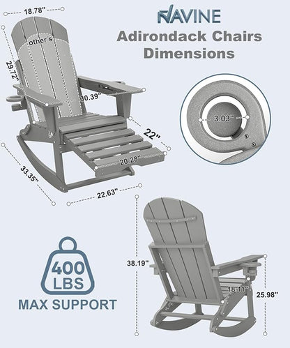 Adirondack Rocking Chairs Set of 8 with Retractable Ottoman, All Weather Folding Adirondack Chair with Two Cup Holders, Adirondack Outdoor Rocking Chairs for Porch, Patio, Balcony. White Grey