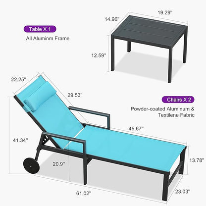 PURPLE LEAF Patio Lounge Chair Set Outdoor Chaise Lounger Aluminum Frame with Armrest 2 Side Table and Wheels for Pool Outside Sunbathing Tanning Recliner Including Pillows Turquoise Blue