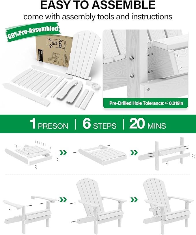 YEFU Adirondack Chairs Set of 2 Plastic Weather Resistant, Outdoor Chairs 5 Steps Easy Installation, Like Real Wood - Photo 9