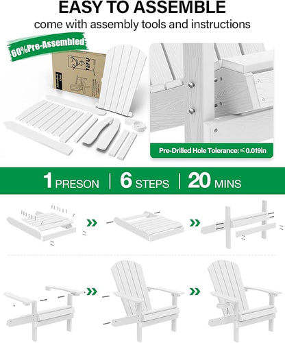 YEFU Adirondack Chairs Set of 2 Plastic Weather Resistant, Outdoor Chairs 5 Steps Easy Installation, Like Real Wood, Widely Used in Outdoor, Patio, Lawn, Fire Pit, Deck, Outside, Chairs (White)