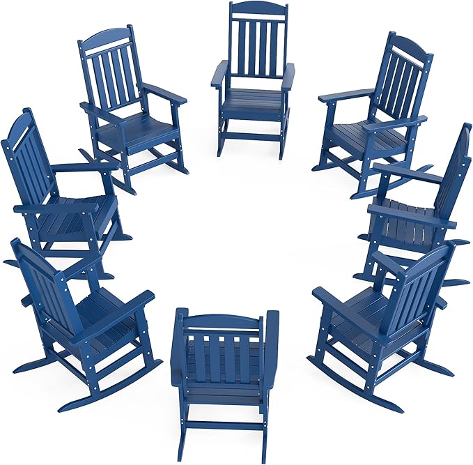 Outdoor Rocking Chairs Set of 8, Oversized High Back Patio Rocking Chairs, All Weather Porch Rocking Chairs for Outside. Navy Blue