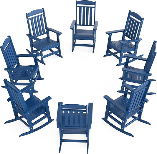 Outdoor Rocking Chairs Set of 8, Oversized High Back Patio Rocking Chairs, All Weather Porch Rocking Chairs for Outside. Navy Blue