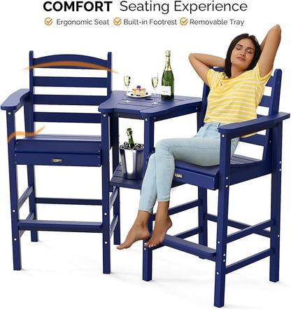 VINGLI Tall Adirondack Chairs Set of 2 with Removable Double Connecting Trays, HDPE Weather Resistance Outdoor Bar Stools Poly Deck Chairs for Patio Pool, 350LBS Capacity (Navy Blue)