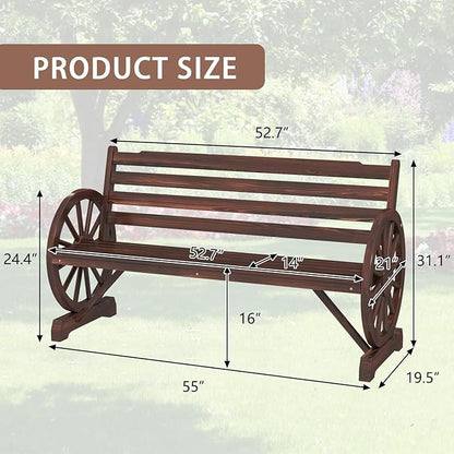 kinbor 55" Wooden Rustic Wagon Wheel Bench, Outdoor Bench Seat, Patio 2-Person Bench with Backrest