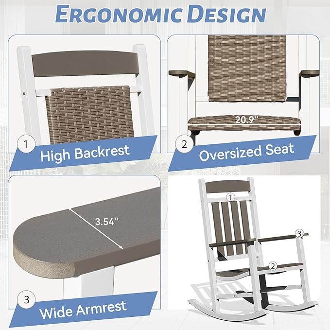 Outdoor Wicker Rocking Chairs Set of 2, Made of Metal & Rattan, Oversized Patio Rocker Chairs with High Back for Adults, All-Weather Outside Furniture for Garden Lawn - White & Brown