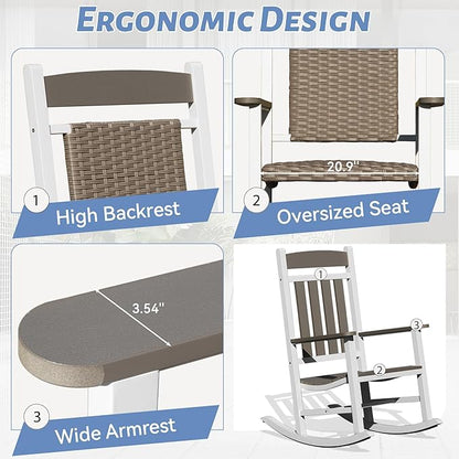 Outdoor Wicker Rocking Chairs Set of 2, Made of Metal & Rattan, Oversized Patio Rocker Chairs with High Back for Adults, All-Weather Outside Furniture for Garden Lawn - White & Brown