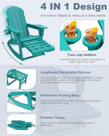Adirondack Rocking Chair with Retractable Ottoman, All Weather Folding Adirondack Chair with Two Cup Holders, Adirondack Outdoor Rocking Chairs for Porch, Patio, Balcony. Lake Blue
