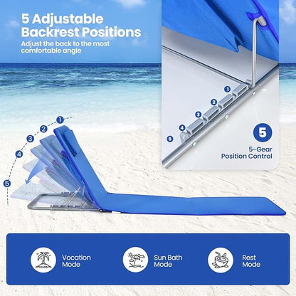 Giantex Beach Chairs for Adults 2 Pack Set with Side Table, Folding Lounge Chairs, 5 Position Adjustable Lawn Chair for Sunbathing, Patio Chaise Lounge Lightweight Backpack Camping Chairs (Navy)