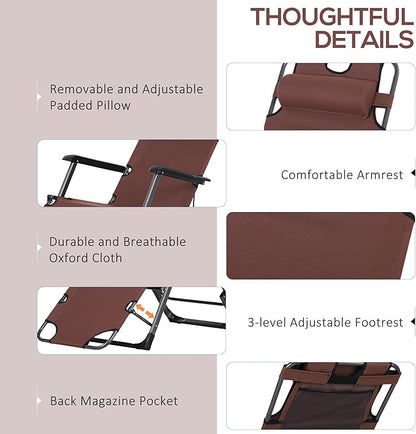 Outsunny Folding Chaise Lounge Chair for Outside, 2-in-1 Tanning Chair with Pillow & Pocket, Adjustable Pool Chair for Beach, Patio, Lawn, Deck, Brown