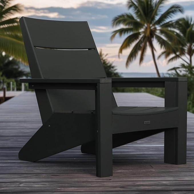 Adirondack Chair, All-Weather HIPS Plastic Outdoor Sitting for Patio, Fire Pit, Garden (Modern Black)