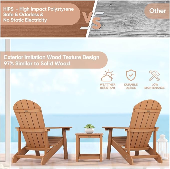 Adirondack Chairs Set of 2, All Weather Resistant Plastic Chairs with Cup Holder, 5 Easy Steps to Install, Outdoor Chairs for Patio, Garden, Backyard Deck, Lawn, Fire Pit - Teak