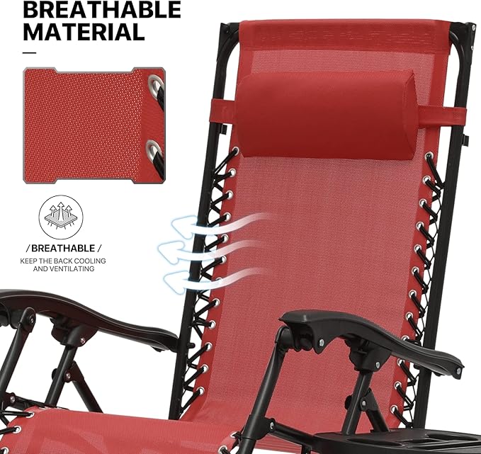 MoNiBloom Zero Gravity Chair Set of 2 with Canopy Shade, Patio Folding Anti Gravity Recliner, Foldable Outdoor Lounger with Cup Holder Tray for Beach Camping, Maroon
