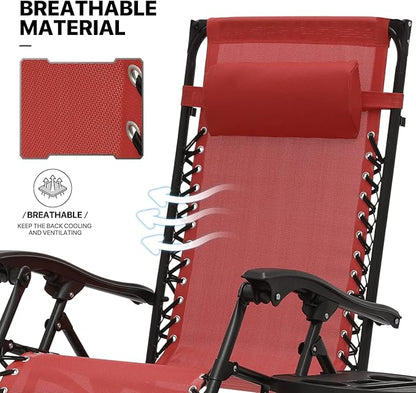 MoNiBloom Zero Gravity Chair Set of 2 with Canopy Shade, Patio Folding Anti Gravity Recliner, Foldable Outdoor Lounger with Cup Holder Tray for Beach Camping, Maroon